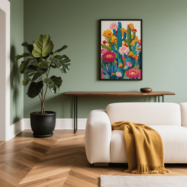 Cactus Flower Art Print featuring green blue for creative studio poster