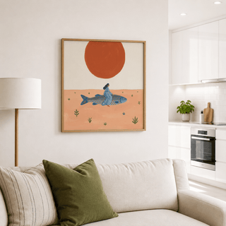 Dreamlike fish poster with simple plant shapes and wide negative space background