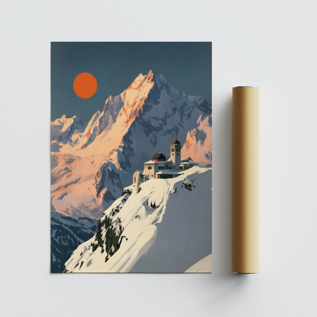 Featuring a steep snowy slope leading to a chapel, landscape wall art poster print