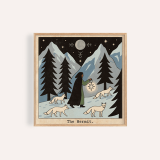 Nighttime Hermit tarot wall art print with cloaked figure and lantern in snowy pine forest