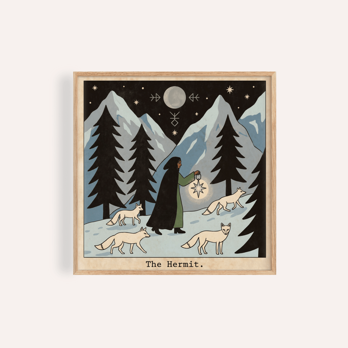 Nighttime Hermit tarot wall art print with cloaked figure and lantern in snowy pine forest