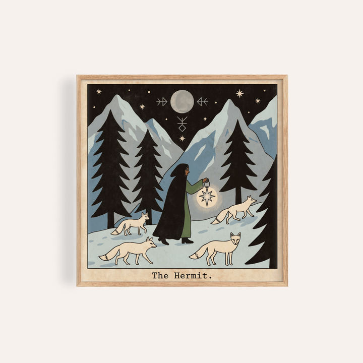 Nighttime Hermit tarot wall art print with cloaked figure and lantern in snowy pine forest