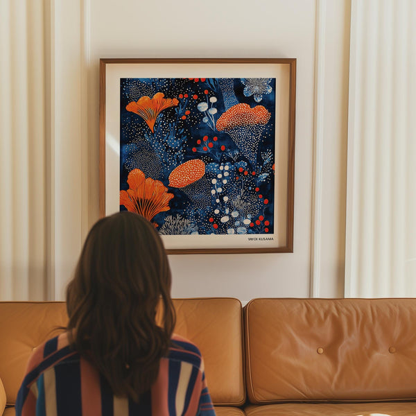 Bold Blue Orange Wall Art blending modern florals with dotted botanical forms.