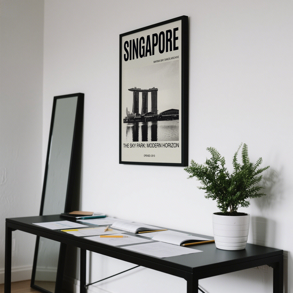 Showcasing Singapore Modern Architecture Art Print with Marina Bay Sands and waterfront reflection in black and white