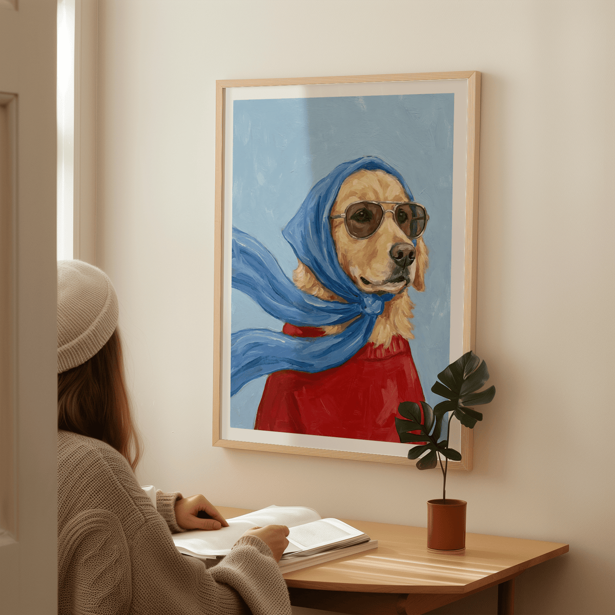 Golden Retriever Art wall art using Blue, Beige, and Red for entryway décor