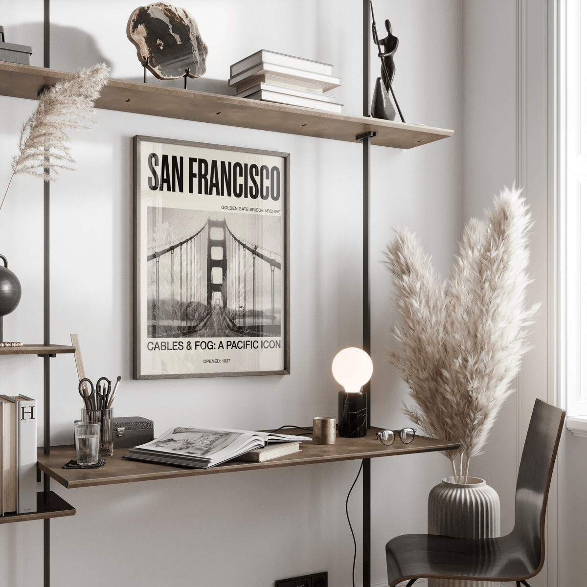 Golden Gate Bridge Art Print showing suspension cables aligned toward vanishing point