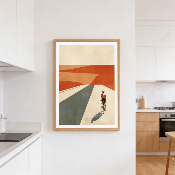 Retro-inspired cycling scene illustration with elongated road shadows