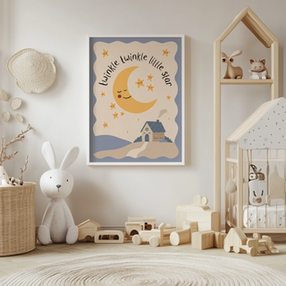 Twinkle Twinkle Star Print with moon, tiny cottage, and playful stars