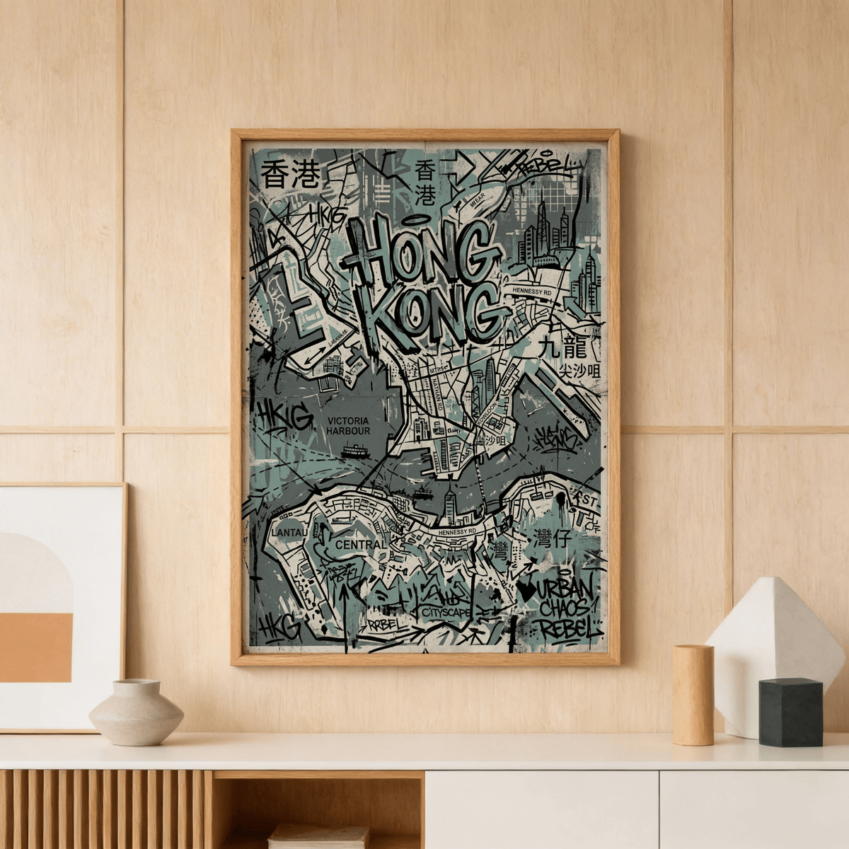 Close view of blue gray white city map poster featuring Victoria Harbour tag