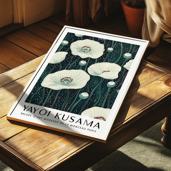 White poppy Prints featuring line-drawn petals and dotted background.