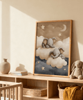 Baby Elephants Nursery Art print with elephants sleeping on clouds for nursery