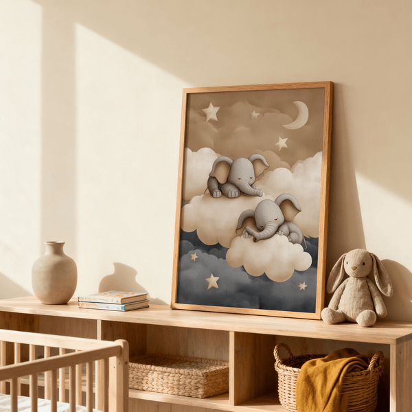 Baby Elephants Nursery Art print with elephants sleeping on clouds for nursery