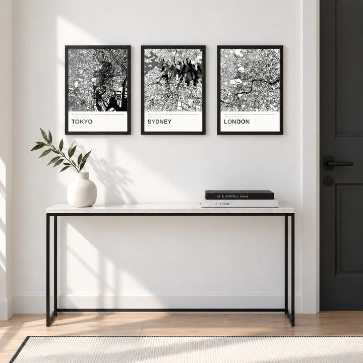 Tokyo personalised black and white map print � Black frame � Three-city wall collection