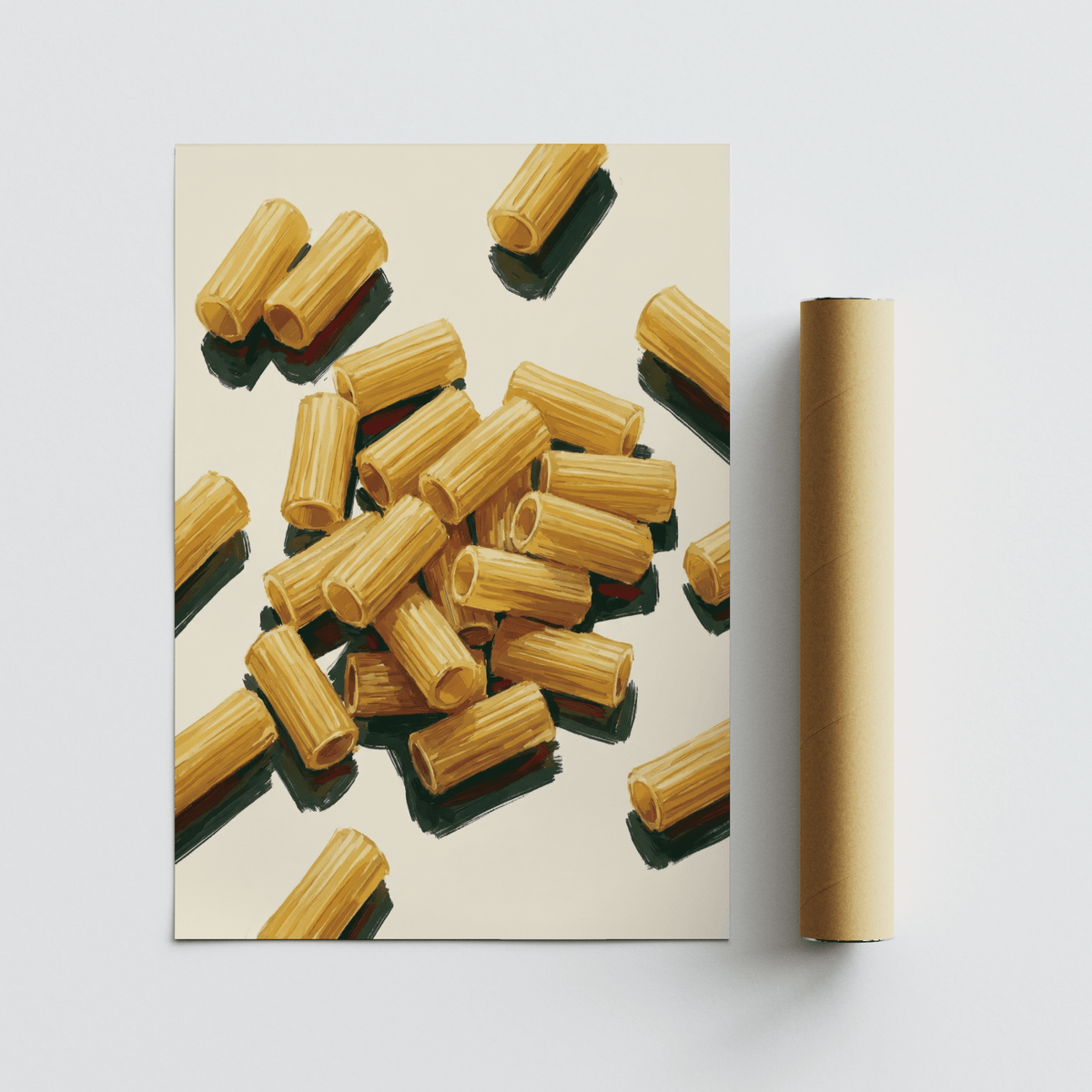 Unframed Rigatoni Pasta Print with golden pasta tubes and deep green shadows on cream paper, beside a kraft mailing tube.