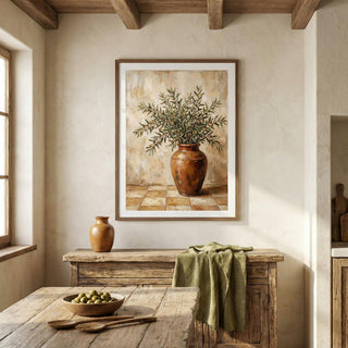 Nostalgic interior with a framed picture of a vase and plants on a wall, wooden table with a bowl and apples, and a wooden bench.