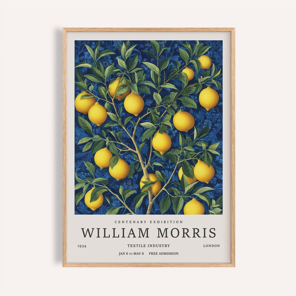 Lemon Wall Art for Kitchen with golden citrus and blue foliage for pantry walls