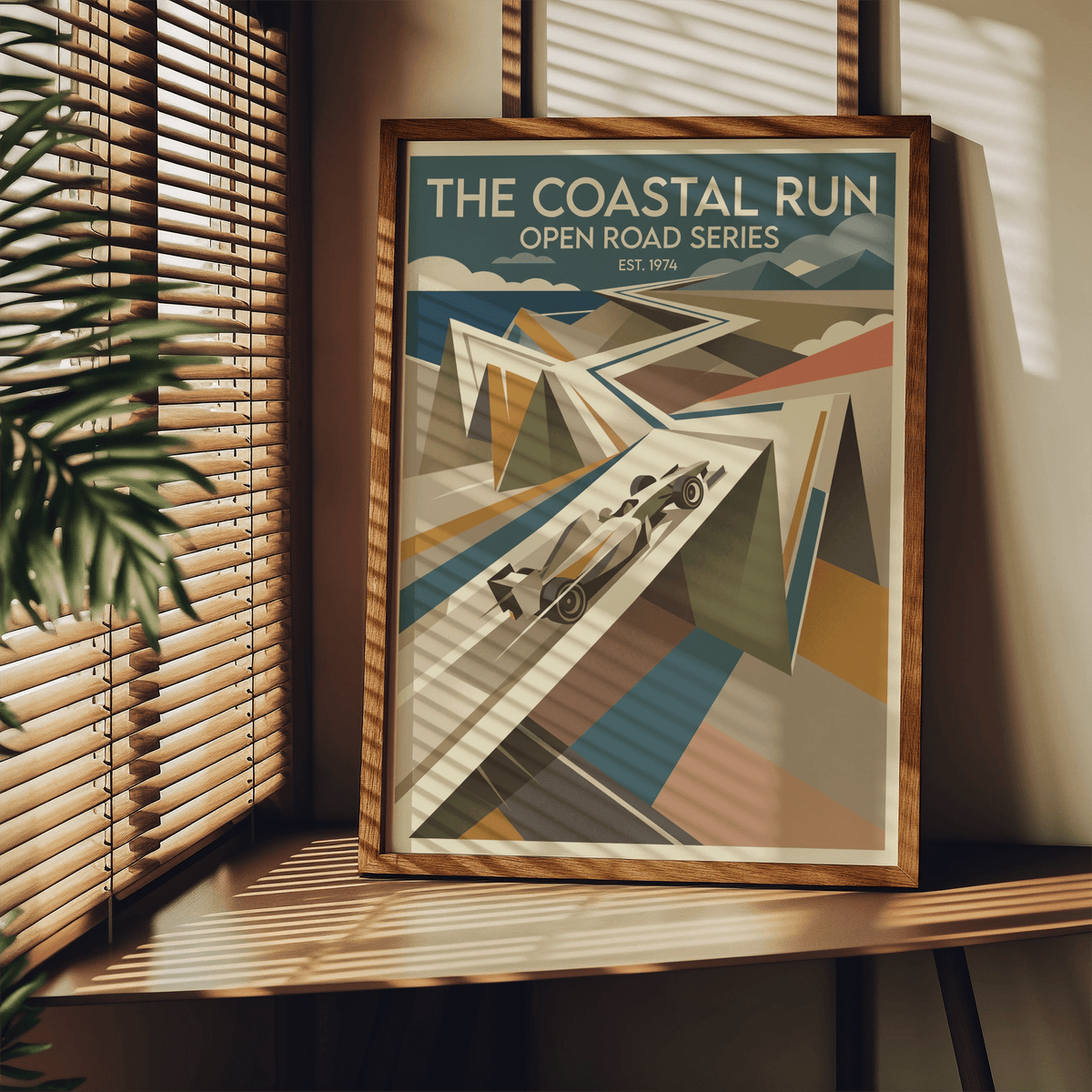 Angled road and geometric hills detail on Coastal Run Art Print wall poster