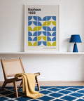 Geometric Modern Office Wall Decor with curved patterns in bold blue and lime.