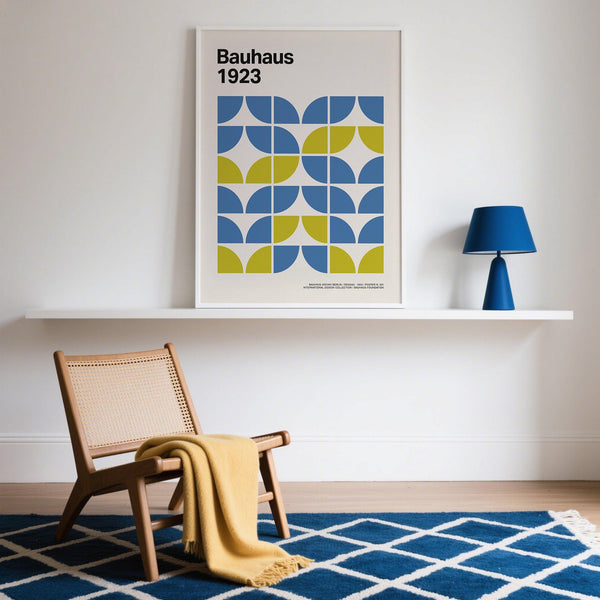 Geometric Modern Office Wall Decor with curved patterns in bold blue and lime.