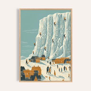 Mountain Climbing Art Print with Blue and Beige for living room wall art