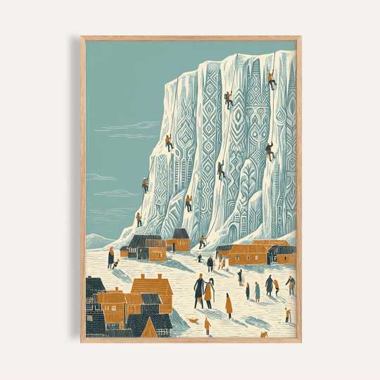 Mountain Climbing Art Print with Blue and Beige for living room wall art