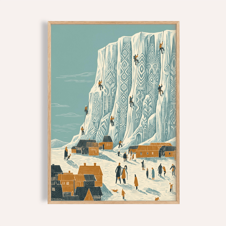 Mountain Climbing Art Print with Blue and Beige for living room wall art