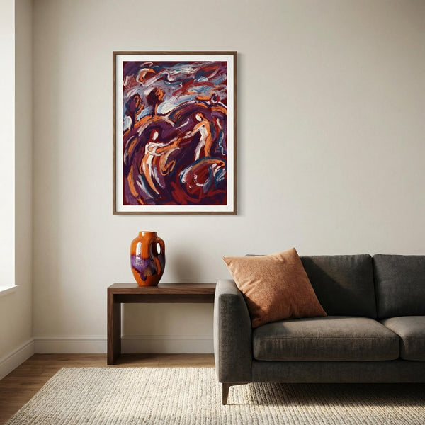 Living room with a gray sofa, brown vase, and abstract painting on the wall.