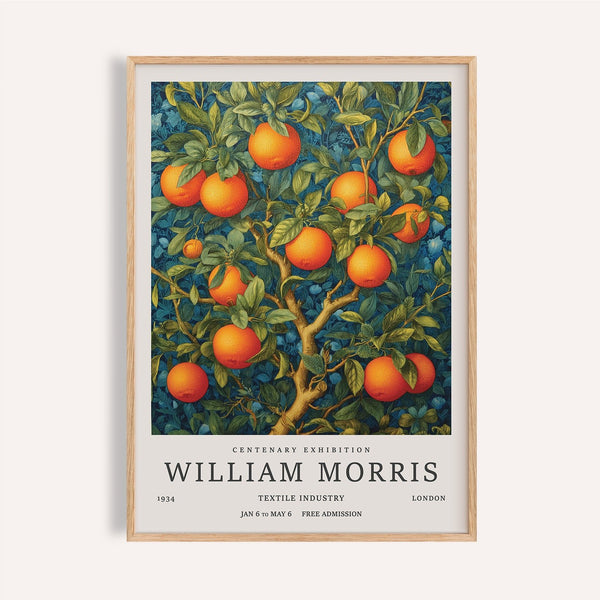 Orange Tree Wall Art with ripe citrus against blue florals for kitchen walls