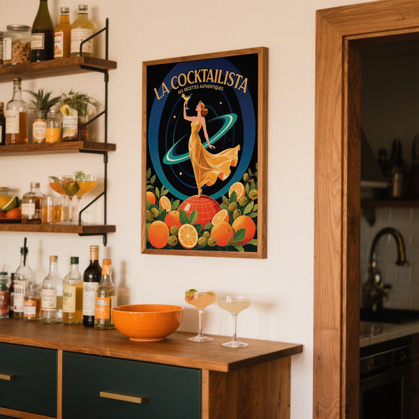 Cool bar art with olives, oranges, and mint surrounding a stylized figure.