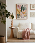 Contemporary botanical wall print with pink and gold flowers