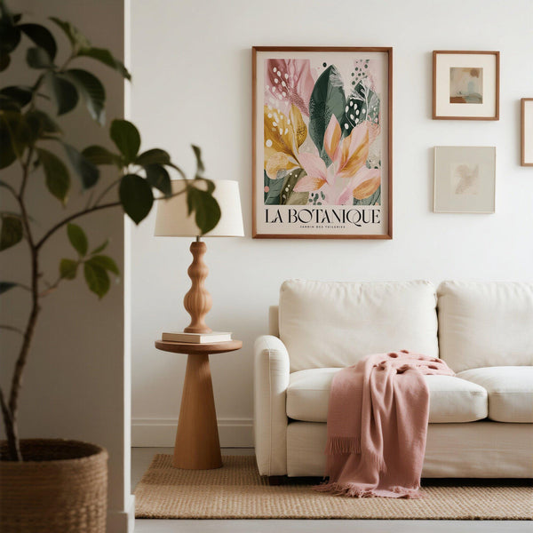 Contemporary botanical wall print with pink and gold flowers