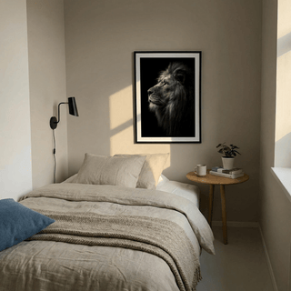 Dramatic Lion Wall Art print featuring a lion head profile and sharp contrast