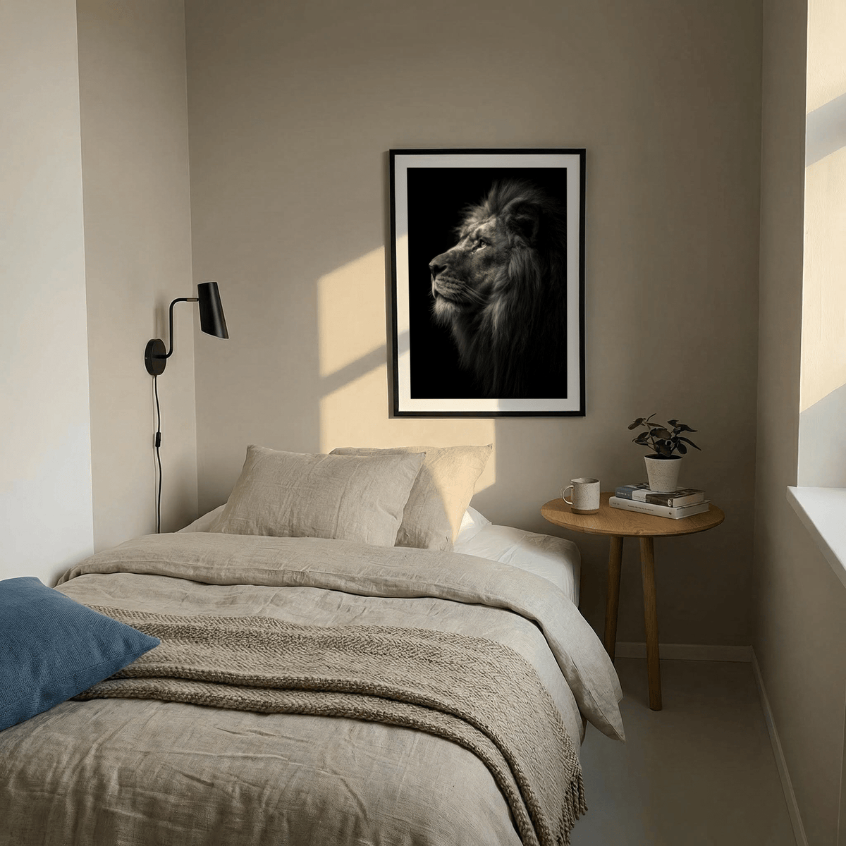 Dramatic Lion Wall Art print featuring a lion head profile and sharp contrast