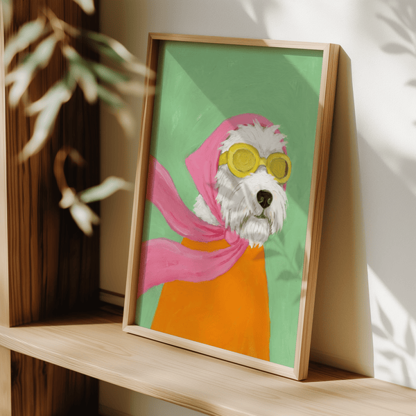 Bright Funny Pet Poster with green background, white dog in orange for kitchen