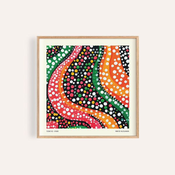 Abstract colorful art featuring dotted waves in orange and green tones