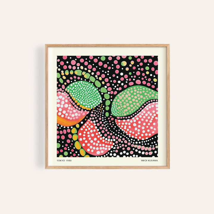 green pink art featuring abstract fruit shapes