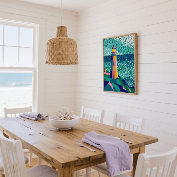 Coastal Colourful Lighthouse Print poster with multicolored tones for bedroom decor