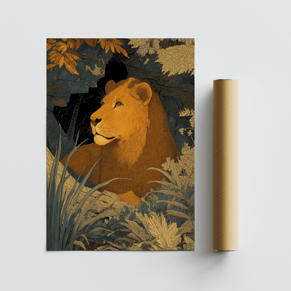 Wildlife Art Print depicting a lion head and shoulders framed by leaves and grasses