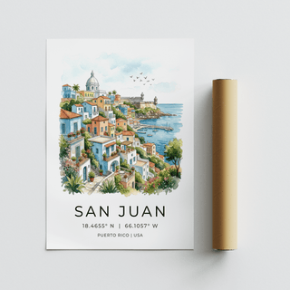 San Juan Art Print showing birds in the sky over a waterfront marina