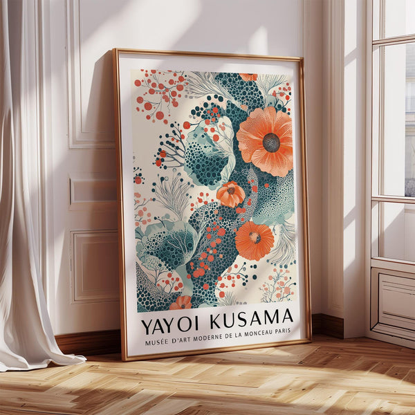 Orange and teal wall art featuring large abstract poppy flowers and dotted textures
