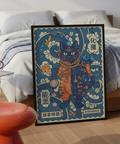 Graphic folklore print of bakeneko with swirling clouds and kanji panels