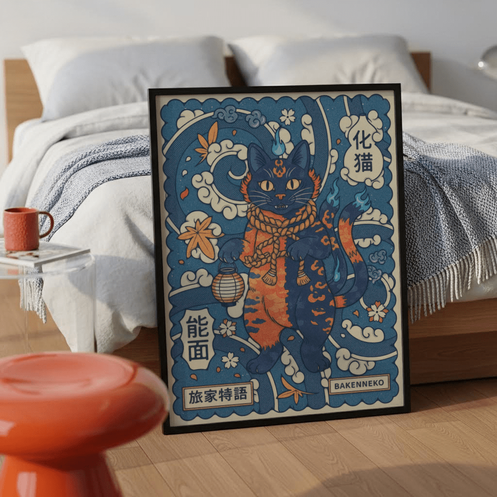 Graphic folklore print of bakeneko with swirling clouds and kanji panels