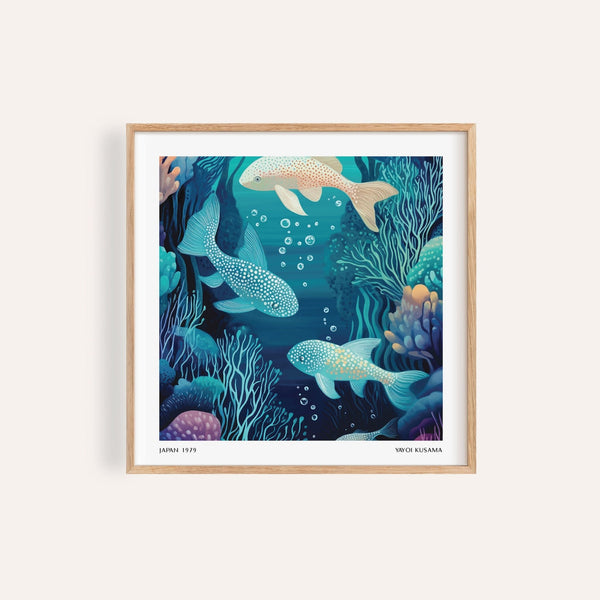 Wall art fish with dotted ocean scene in soft blue and teal tones
