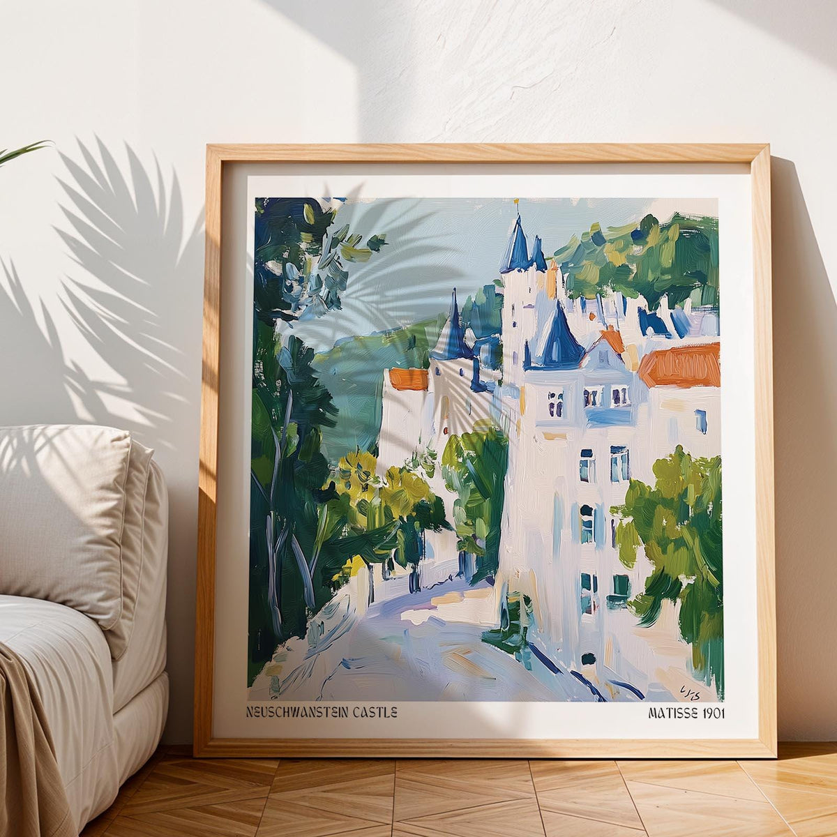 Medieval castle art with blue turrets and alpine landscape.