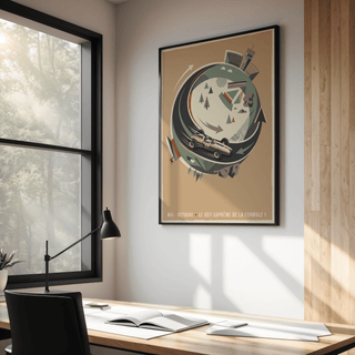Graphic retro racing poster print with circular track, directional arrows, and geometric buildings
