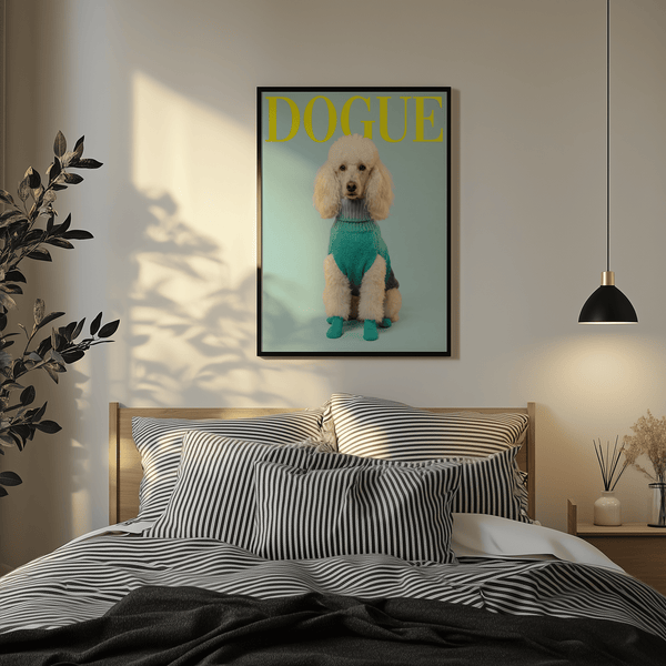 Chic poodle Pet Wall Decor, blue sweater, yellow text, bedroom poster