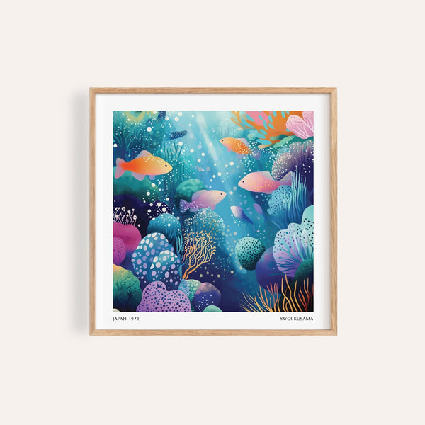 Coral reef wall art featuring Kusama-inspired ocean patterns