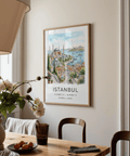 Panoramic Istanbul city view wall art print with ferries, small boats, and shoreline curve