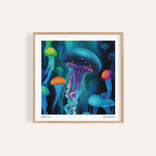 Vibrant jellyfish print inspired by Yayoi Kusama with glowing blue and purple hues