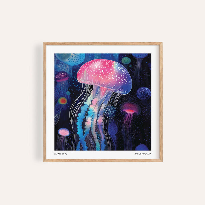 Vibrant wall art jellyfish print inspired by Yayoi Kusama in pink and blue